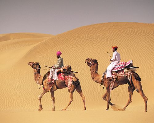 Two men on camelback in desert, Jaiselmer, India

546003